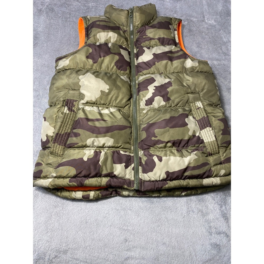 Old Navy Puffer Vest Kids L 10-12 Green Camo Fleece Lined Full Zip Sleeveless